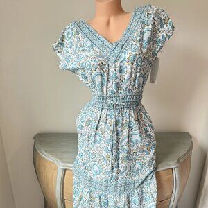 Rachel Zoe Linen Maxi Dress XS 2 Boho Teal V Soft Tiered Floral Romantic Pockets